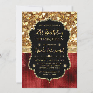 Red Glitter Hearts and Red Foil 21st Birthday Invitation