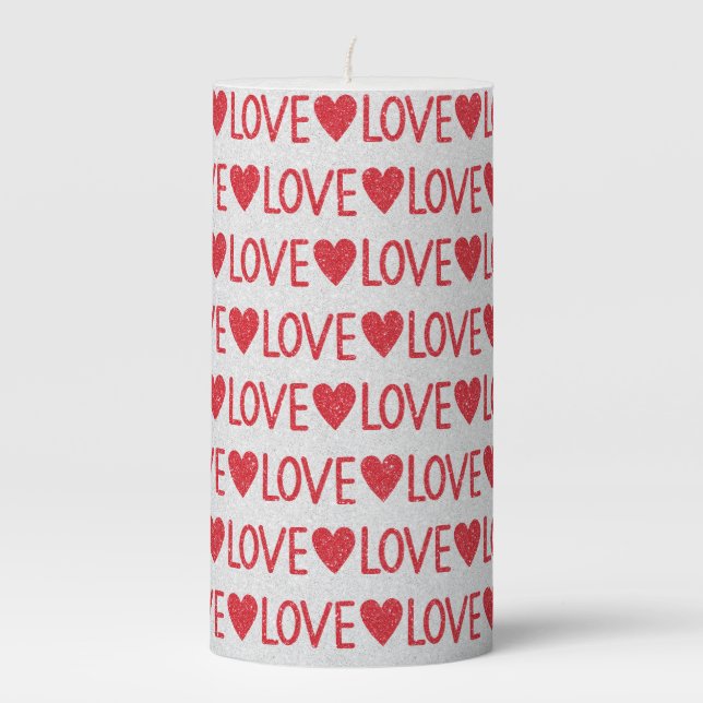 Red Glitter Hearts Love Valentine's Day Gift  Pillar Candle (Front)