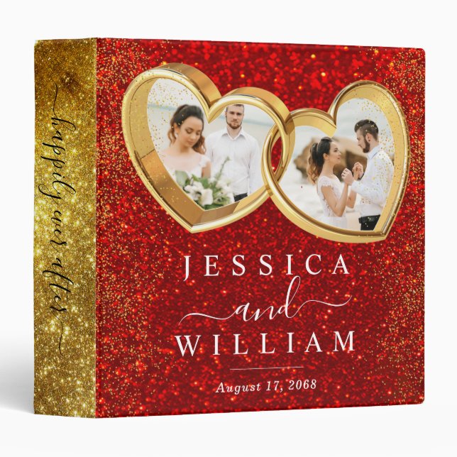 Red Glitter Hearts Photo Custom Wedding Album 3 Ring Binder (Front/Spine)
