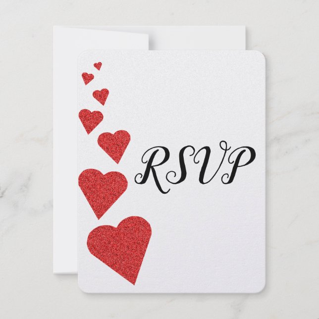 Red Glitter Hearts Wedding RSVP Card (Front)