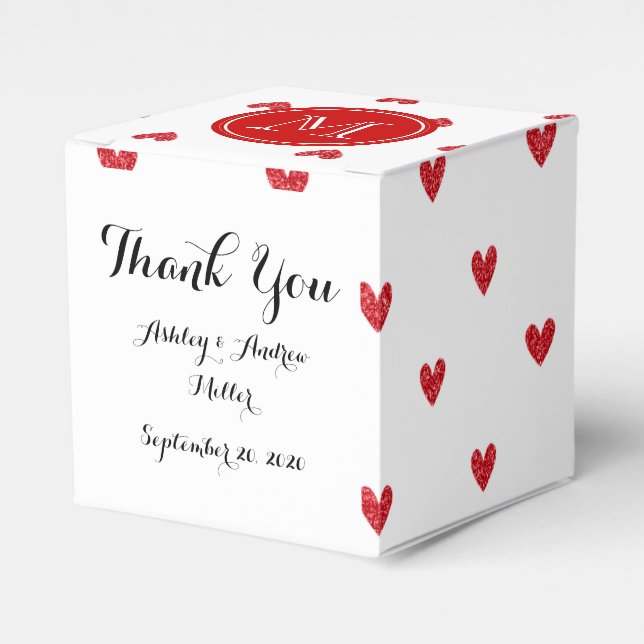 Red Glitter Hearts with Monogram Favor Boxes (Front Side)