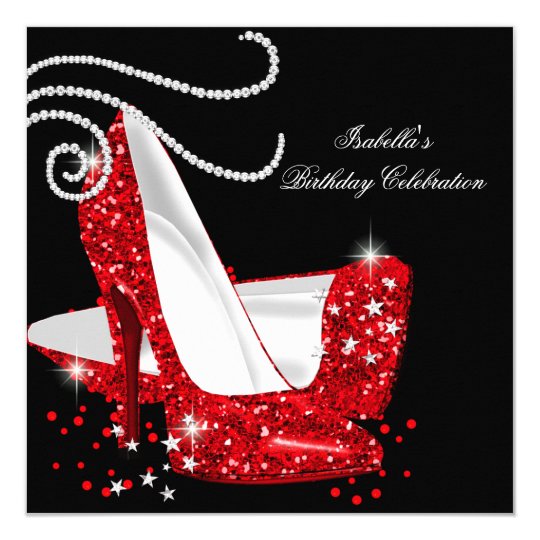 Red Glitter High Heels Black Birthday Party Card | Zazzle