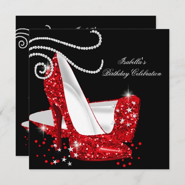 Red Glitter High Heels Black Birthday Party Invitation (Front/Back)