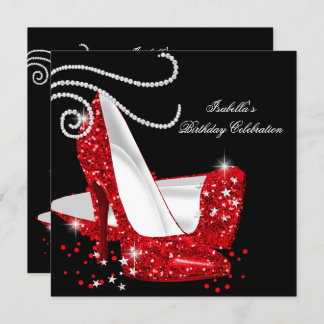 Red Glitter High Heels Black Birthday Party Invitation