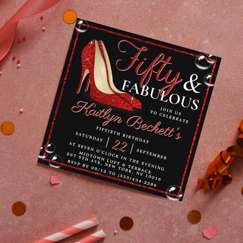 Red Glitter High Heels  Fifty  Fabulous Birthday Invitation