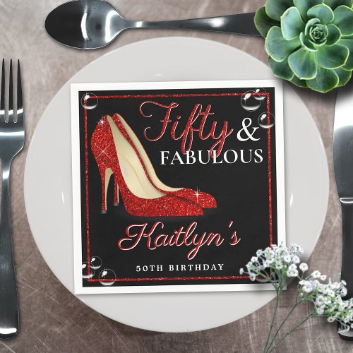 Red Glitter High Heels  Fifty  Fabulous Birthday Napkins