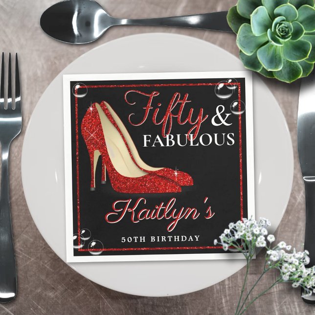 Red Glitter High Heels | Fifty & Fabulous Birthday Napkins (Creator Uploaded)