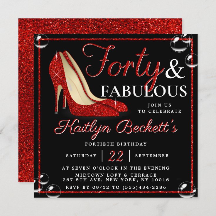 Red Glitter High Heels Forty And Fabulous Birthday Invitation Zazzle