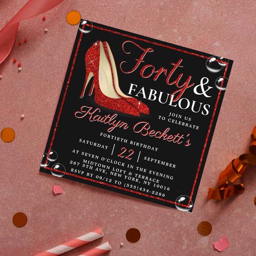 Red Glitter High Heels  Forty  Fabulous Birthday Invitation