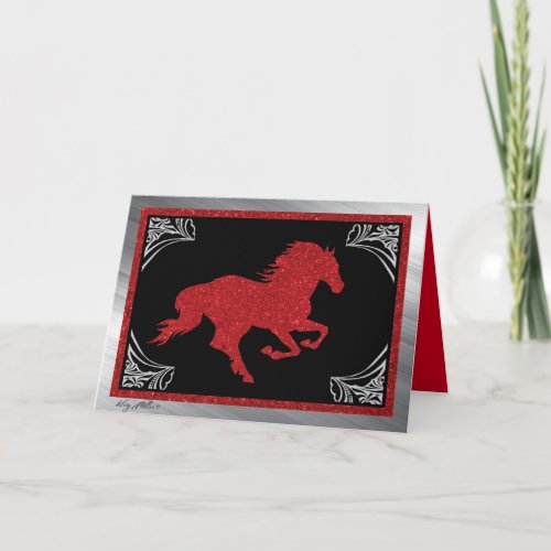 Red Glitter Horse Christmas Card