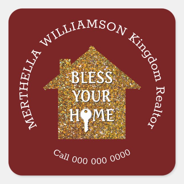 Red Glitter House Realtor Real Estate Square Sticker (Front)