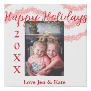 Red glitter kids family photo happy holidays name faux canvas print