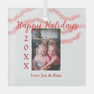 Red glitter kids family photo happy holidays name glass ornament