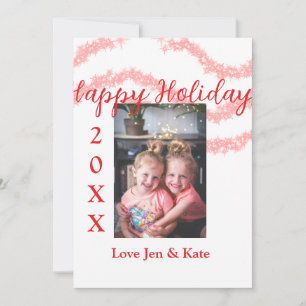 Red glitter kids family photo happy holidays name invitation