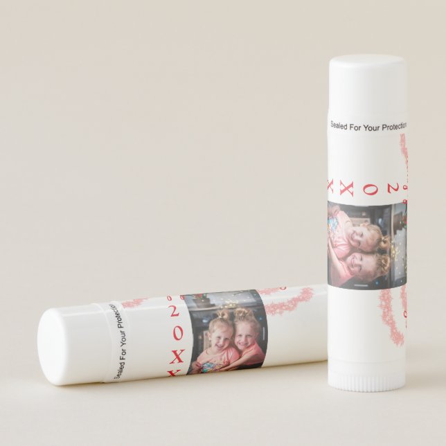 Red glitter kids family photo happy holidays name lip balm (Front)