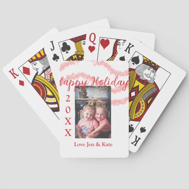 Red glitter kids family photo happy holidays name poker cards (Back)