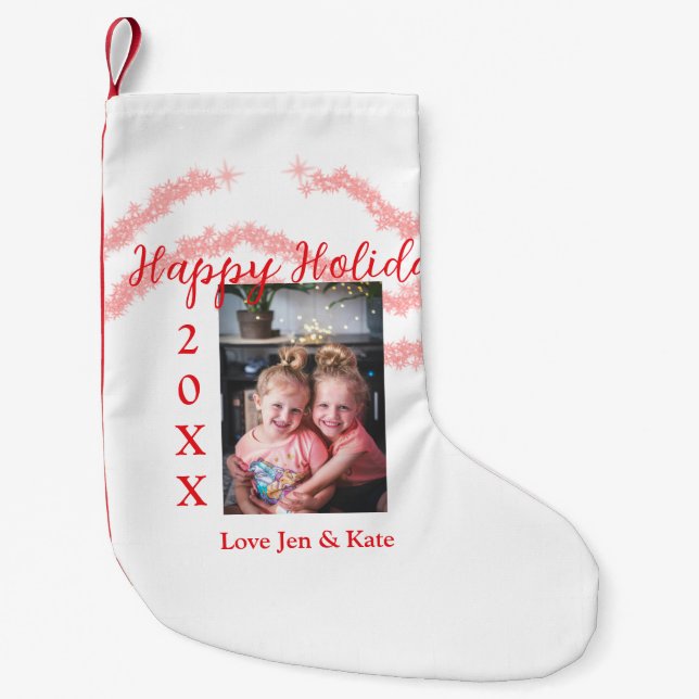 Red glitter kids family photo happy holidays name small christmas stocking (Front)