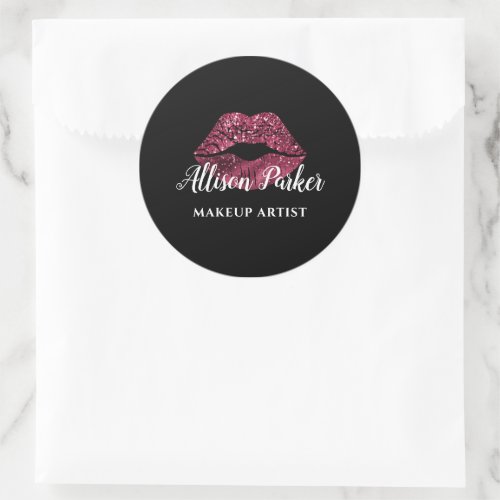 Red Glitter Kiss Lips Business Makeup Artist Classic Round Sticker