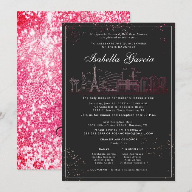 Red Glitter Las Vegas Quinceañera Birthday Invitation (Front/Back)