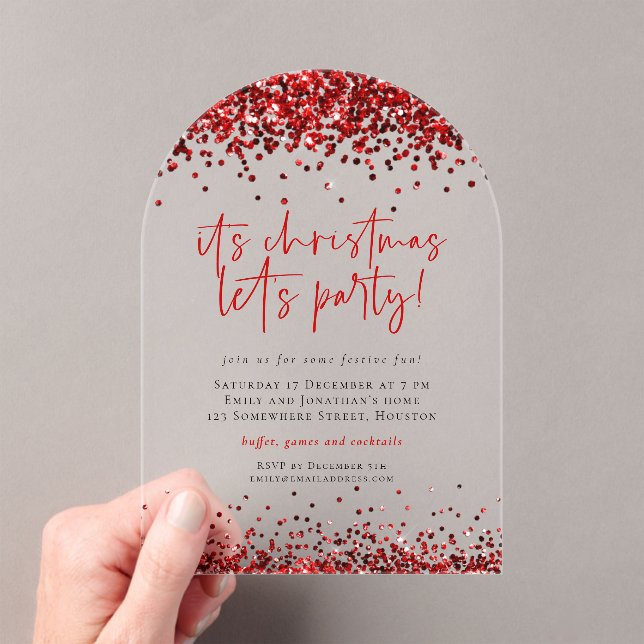 Red Glitter Lets Party Christmas Acrylic Invitations (Insitu (Handheld))