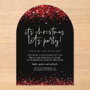 Red Glitter Lets Party Christmas Black Acrylic Acrylic Invitations