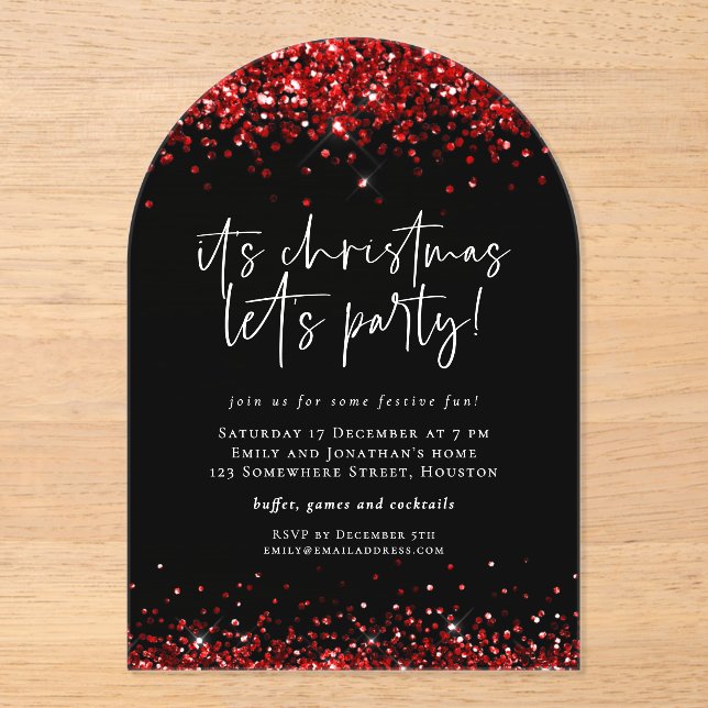Red Glitter Lets Party Christmas Black Acrylic Acrylic Invitations (Front)