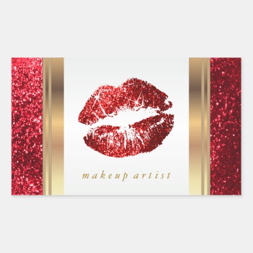 Red Glitter Lips and Elegant Gold Accents 2 Rectangular Sticker