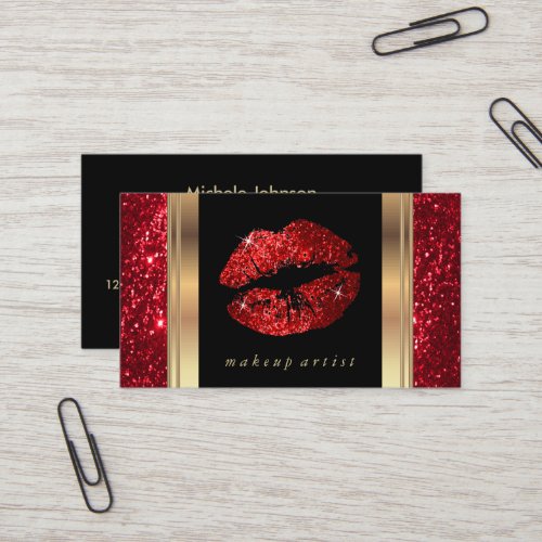 Red Glitter Lips and Elegant Gold Business Card