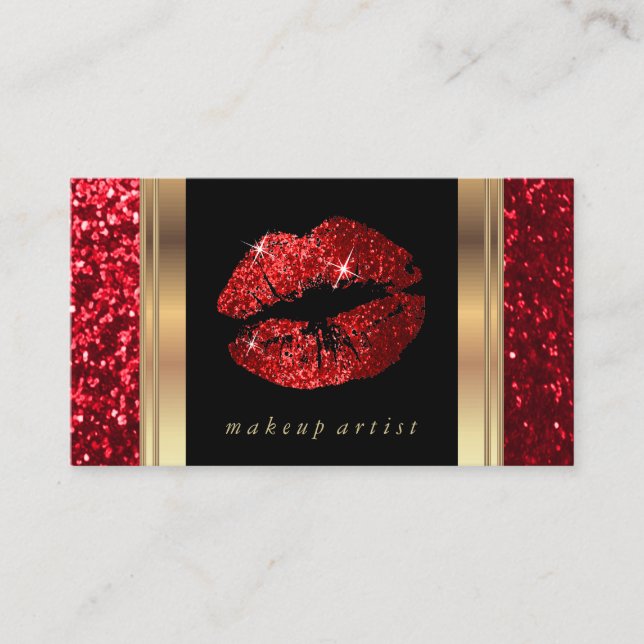 Red Glitter Lips and Elegant Gold Business Card (Front)