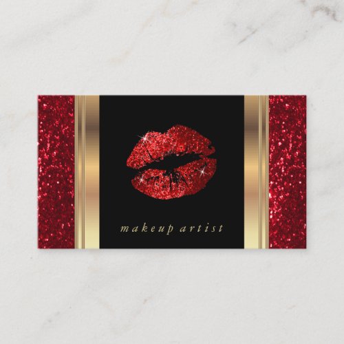 Red Glitter Lips and Elegant Gold Business Card