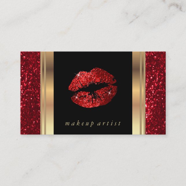 Red Glitter Lips and Elegant Gold Business Card (Front)