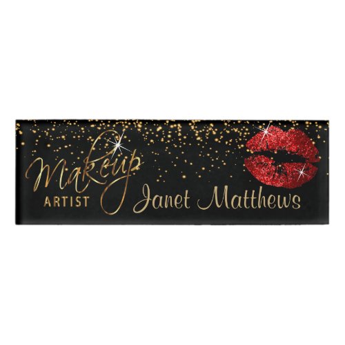 Red Glitter Lips and Elegant Gold Name Tag