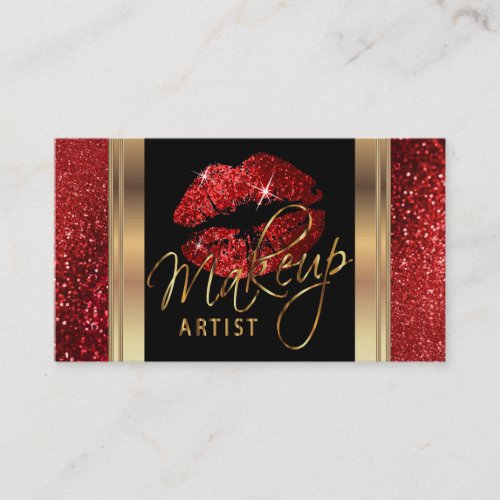 Red Glitter Lips and Elegant Gold Script Business Card