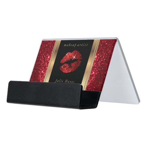 Red Glitter Lips and Elegant Gold Script Desk Business Card Holder