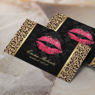 Red Glitter Lips Leopard Damask Makeup Artist Business Card