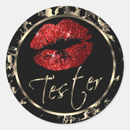 Red Glitter Lips on Black  Light Gold Marble Classic Round Sticker