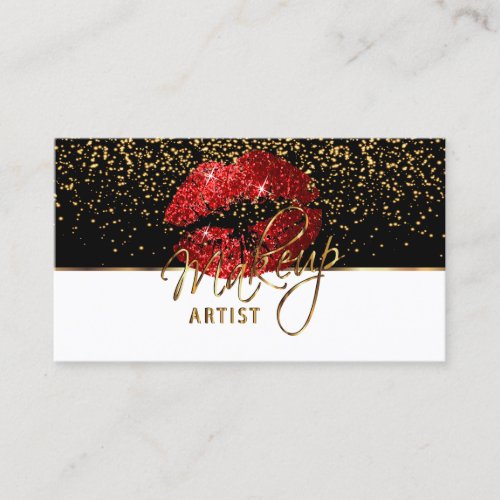 Red Glitter Lips On White and Black Business Card