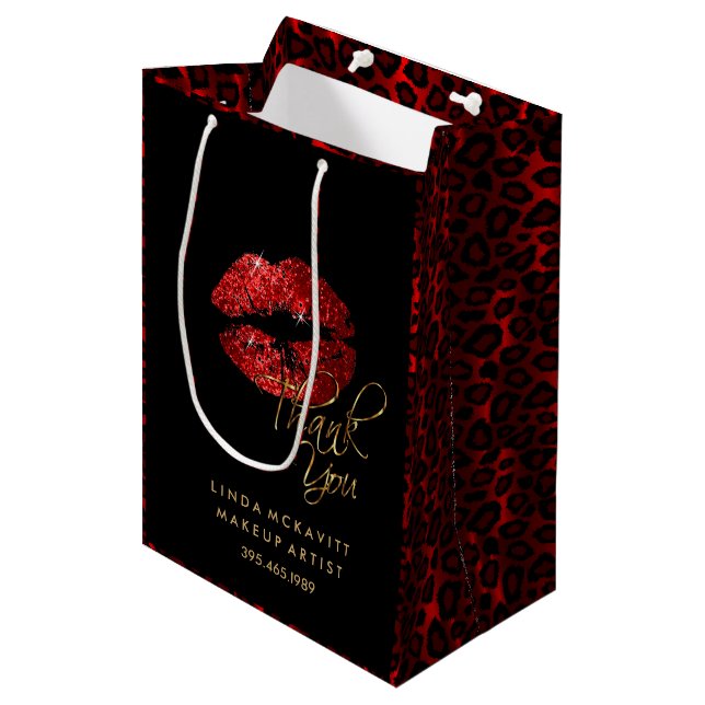 Red Glitter Lipstick and Leopard - Thank You Medium Gift Bag (Front Angled)