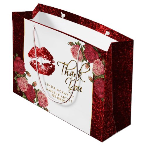Red Glitter Lipstick and  Roses _ Thank You Large Gift Bag