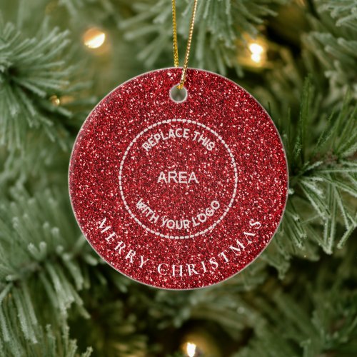Red Glitter Logo Company Name Merry Christmas Ceramic Ornament