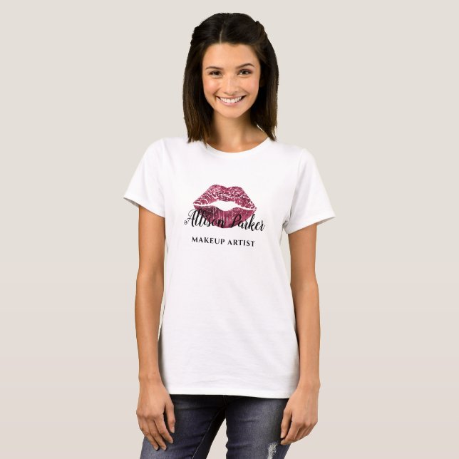 Red Glitter Logo Kiss MAKEUP ARTIST Name T-Shirt | Zazzle