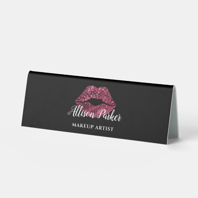 Red Glitter Logo Kiss Name MAKEUP ARTIST Table Tent (Front)