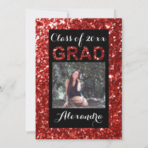 Red Glitter-Look 1 Photo Graduation Invitation