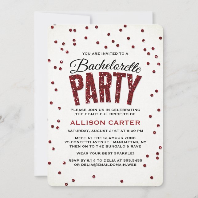 Red Glitter Look Confetti Bachelorette Party Invitation (Front)