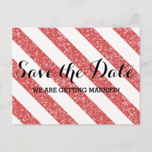 Red Glitter Look Stripes Save the Date Postcard