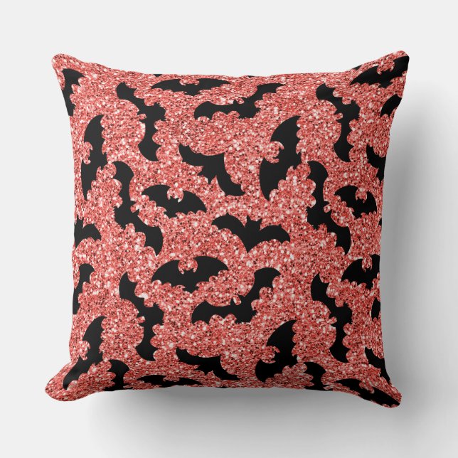 RED GLITTER LOOK WITH BLACK BATS THROW PILLOW (Front)