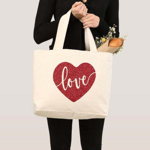 Red Glitter Love Heart   Valentines Large Tote Bag