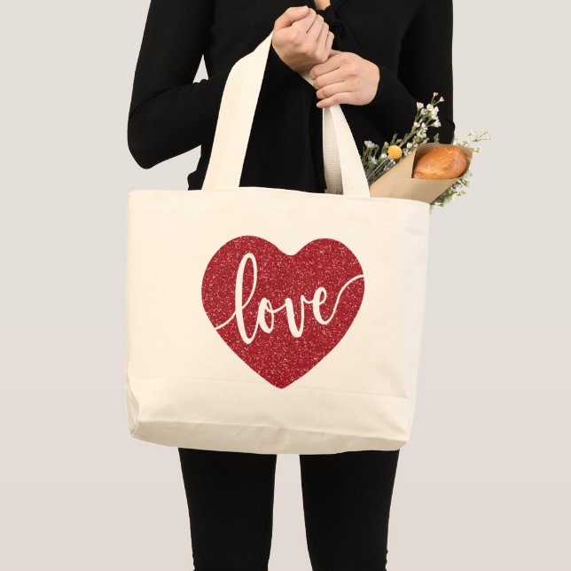 Red Glitter Love Heart |  Valentine's Large Tote Bag (Front (Product))