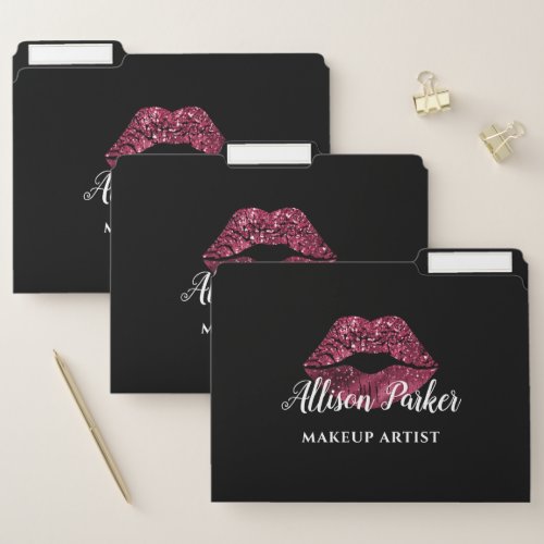 Red Glitter Makeup Artist Kiss Lips Business File Folder
