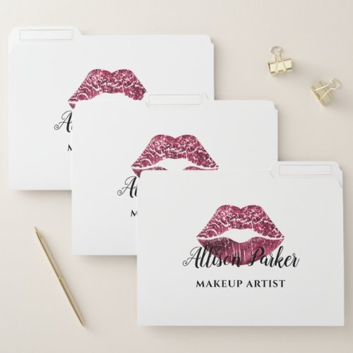 Red Glitter Makeup Artist Kiss Lips Business White File Folder